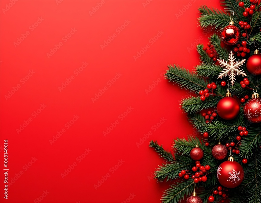 Elegant Minimalistic Holiday Background with Red Christmas Decorations, Fir Branches, and Berries - Festive and Modern Design for Seasonal Use Elegant Minimalistic Holiday Background with Red Christmas Decorations, Fir Branches, and Berries - Festive and Modern Design for Seasonal Use