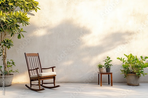 A classic wooden rocking chair with cushions, sitting in a sunlit patio corner adorned with potted plants, inviting relaxation and peaceful contemplation.