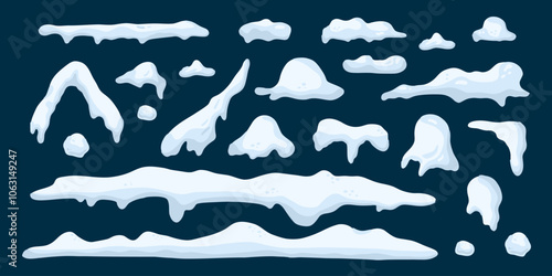 Snow cap. Snowdrifts decorative. Shapes with icicles. Winter frame decoration collection. Snowy roof effect season. Frost weather icy heaps. White frozen vector cartoon flat isolated illustration set