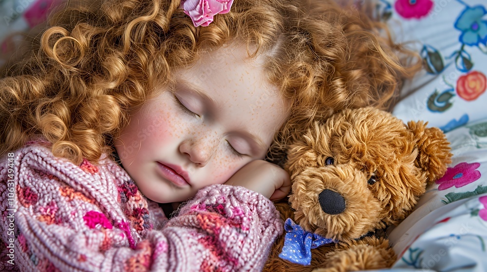 A young girl with red hair and freckles sleeps peacefully with her teddy bear. A young girl with red hair and freckles sleeps peacefully with her teddy bear.