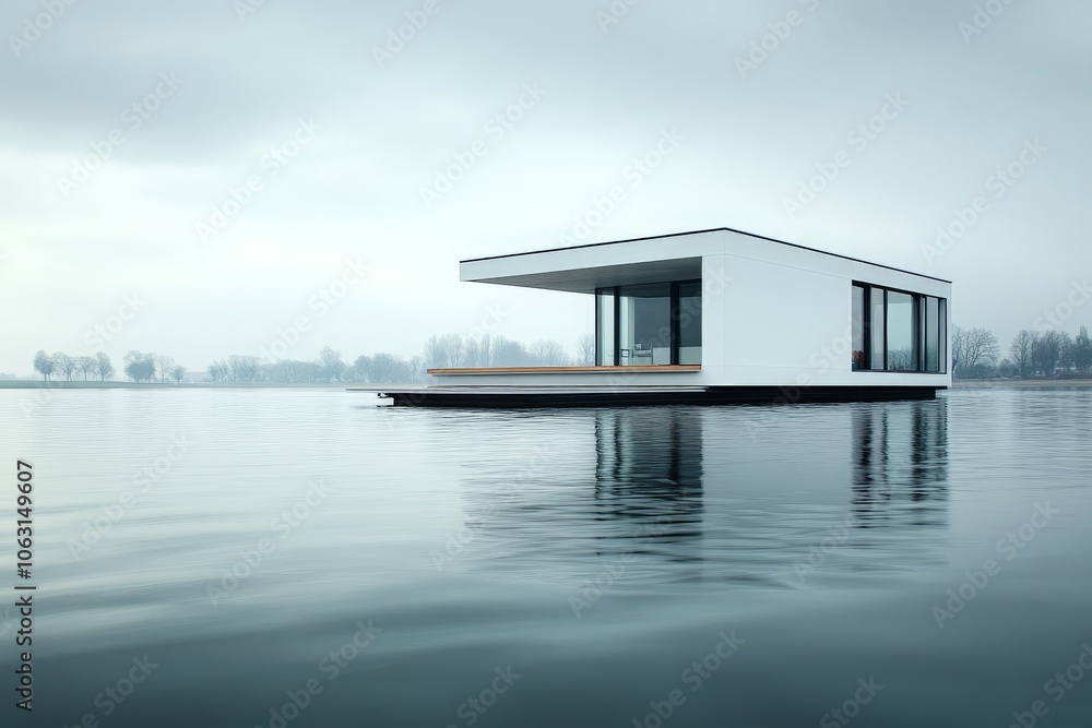 A sleek white floating house rests on a misty lake, presenting a minimalist architectural design that blends harmoniously with the serene and overcast environment. A sleek white floating house rests on a misty lake, presenting a minimalist architectural design that blends harmoniously with the serene and overcast environment.