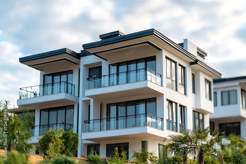 Modern White House with Balconies and Glass Railings Modern White House with Balconies and Glass Railings