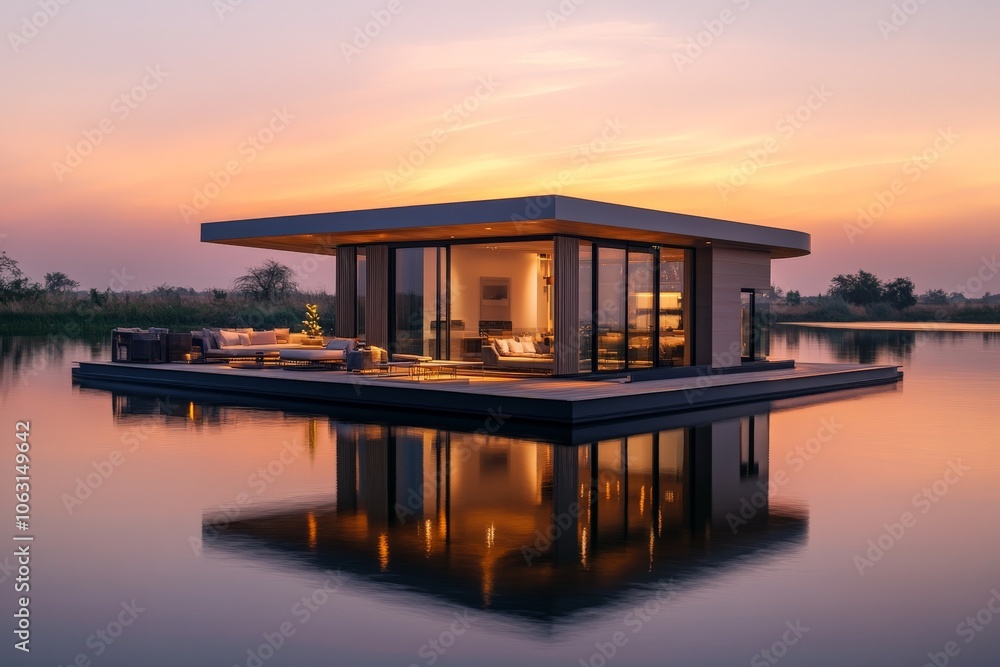 A luxurious floating house is beautifully illuminated at sunset, its warm glow reflecting off the water, offering a peaceful and elegant retreat on the lake. A luxurious floating house is beautifully illuminated at sunset, its warm glow reflecting off the water, offering a peaceful and elegant retreat on the lake.