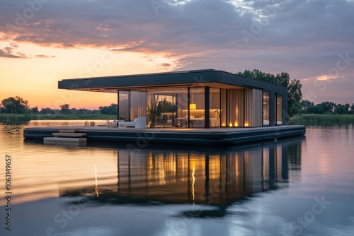 The elegant lines of a modern floating house are bathed in the warm hues of a setting sun, reflecting perfectly on the still waters of the surrounding lake.