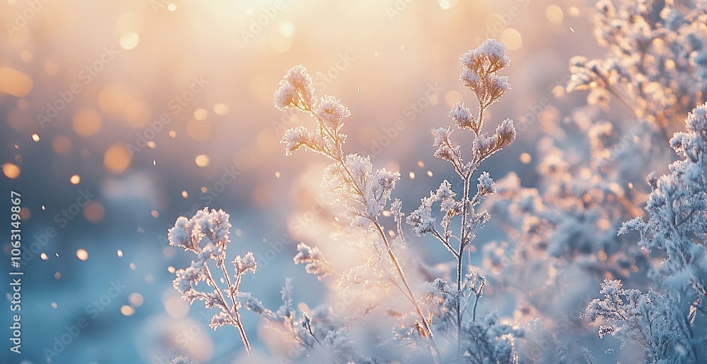 Frost-covered branches bathed in the warm glow of the setting sun, creating a magical winter scene. Frost-covered branches bathed in the warm glow of the setting sun, creating a magical winter scene.