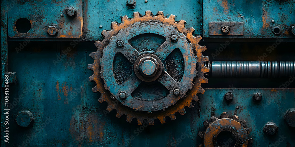 A Close-Up View of a Rusty Gear Wheel on a Teal Metal Panel with Industrial Aesthetic A Close-Up View of a Rusty Gear Wheel on a Teal Metal Panel with Industrial Aesthetic