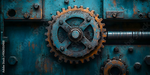 A Close-Up View of a Rusty Gear Wheel on a Teal Metal Panel with Industrial Aesthetic