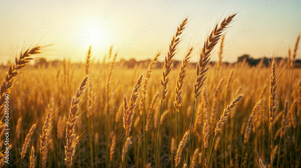Golden Wheat Field at Sunset with Sunlight Illuminating Ripe Ears of Wheat in a Peaceful Rural Landscape Golden Wheat Field at Sunset with Sunlight Illuminating Ripe Ears of Wheat in a Peaceful Rural Landscape