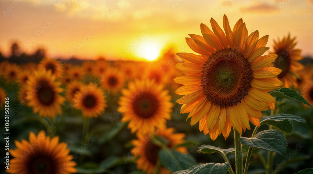 Obraz premium Vibrant Sunflower Field at Sunset with Golden Sunlight Illuminating Blooming Sunflowers in a Warm Summer Landscape