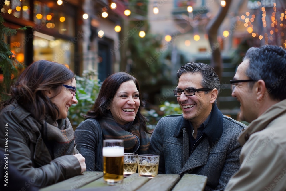 Group of friends drinking beer and talking in a restaurant terrace. Group of friends drinking beer and talking in a restaurant terrace.