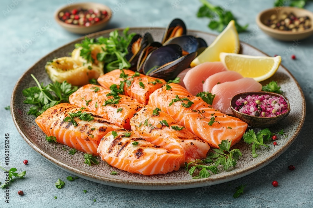 A gourmet seafood dish with grilled salmon, fresh mussels, and lemon wedges, ideal for fine dining. A gourmet seafood dish with grilled salmon, fresh mussels, and lemon wedges, ideal for fine dining.