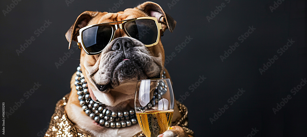 Silver necklace with picture of English bulldog in gold dress and sunglasses Silver necklace with picture of English bulldog in gold dress and sunglasses