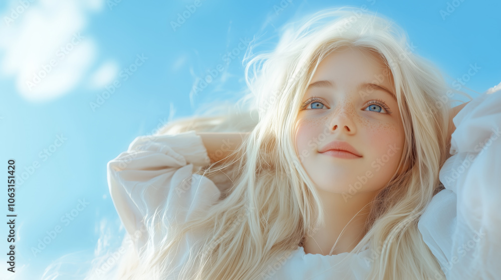 Young girl with long blonde hair enjoys a sunny day with blue skies and relaxed expression outdoors Young girl with long blonde hair enjoys a sunny day with blue skies and relaxed expression outdoors
