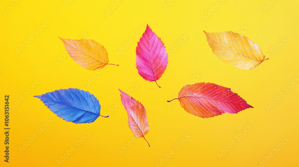 Fototapeta premium Aesthetic pastel blue, gold, purple glittering autumn leaves floating on deep yellow background. Generative AI