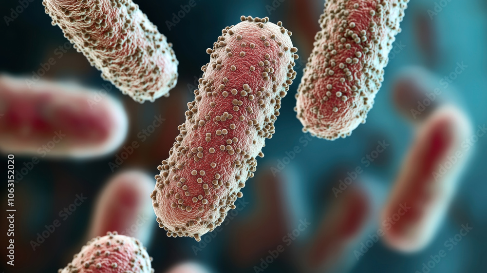 Close-up view of stylized bacteria under a microscope, showcasing textured surface and detailed structure with a vivid color palette against a soft focus background. Close-up view of stylized bacteria under a microscope, showcasing textured surface and detailed structure with a vivid color palette against a soft focus background.