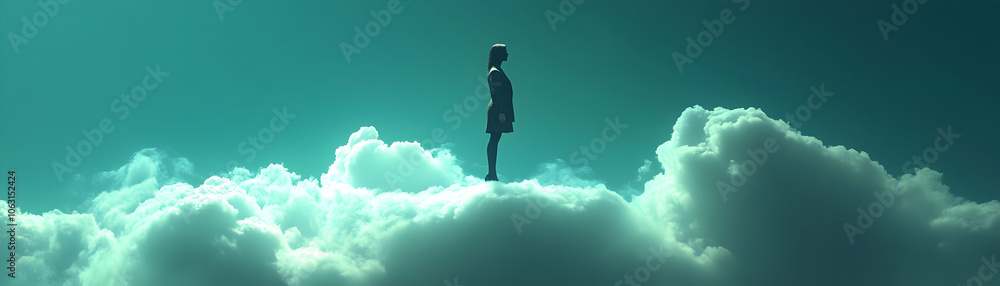 Silhouette of a Woman Standing on a Cloud in a Turquoise Sky Silhouette of a Woman Standing on a Cloud in a Turquoise Sky