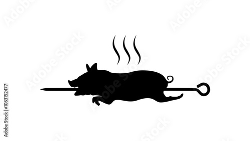 pig roasting on spit, black isolated silhouette