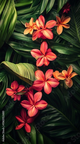 Tropical arrangement of exotic leaves. Tropical vibrant plant background. Realistic background for backdrops. Poster or phone banner