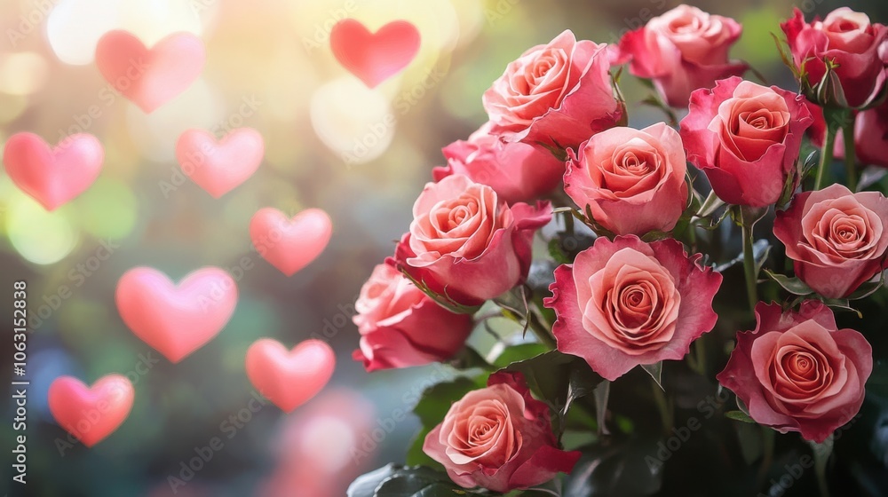 A lush bouquet of roses with heart patterns gently fading A lush bouquet of roses with heart patterns gently fading