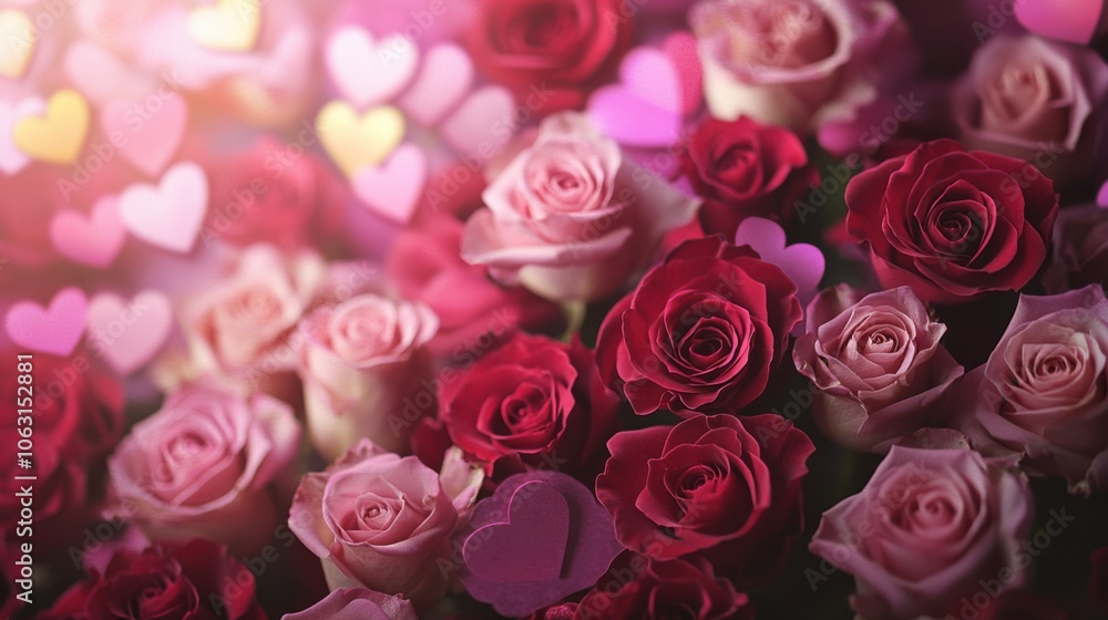 A lush bouquet of roses with heart patterns gently fading A lush bouquet of roses with heart patterns gently fading
