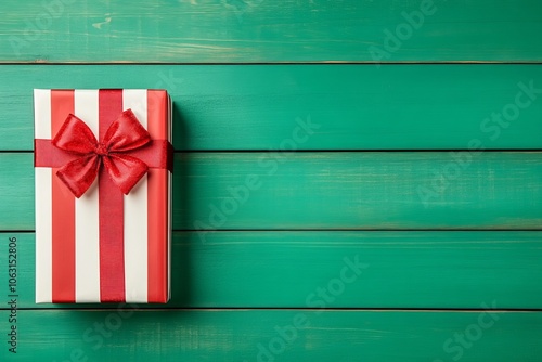 A beautifully wrapped gift box with red and white stripes on a teal background.