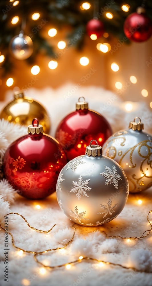 Red and white Christmas Baubles, Background softly lit with red holiday lights festive winter atmosphere Red and white Christmas Baubles, Background softly lit with red holiday lights festive winter atmosphere
