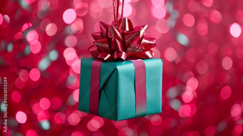 Fototapeta premium Pastel Green Gift Box with Red Bow