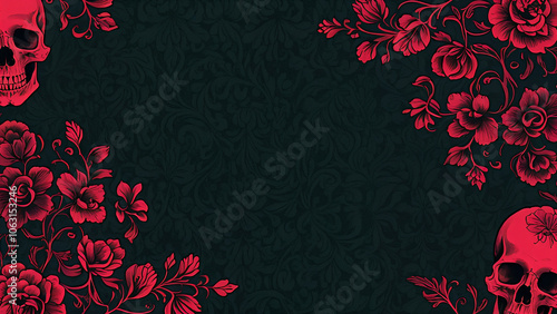 dark background with skulls and flowers