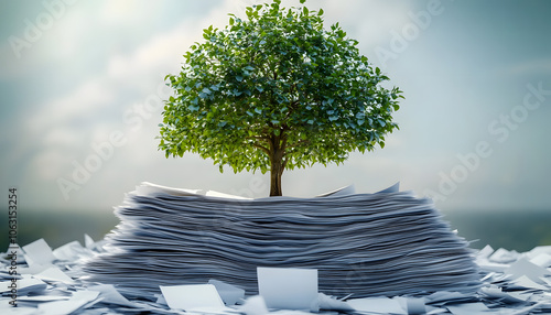 Transitioning to a Paperless Office Tree on a Heap of Paper Showing Environmental Benefits and Reduced Paper Consumption in Digital Document Management photo