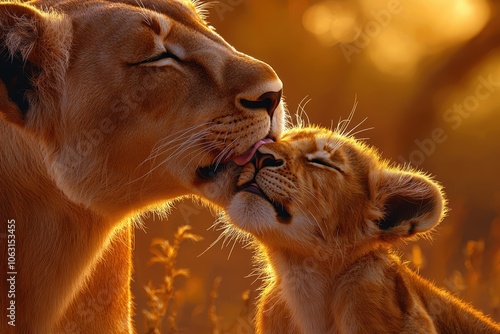 Lioness and Cub Affectionate Moment	 photo