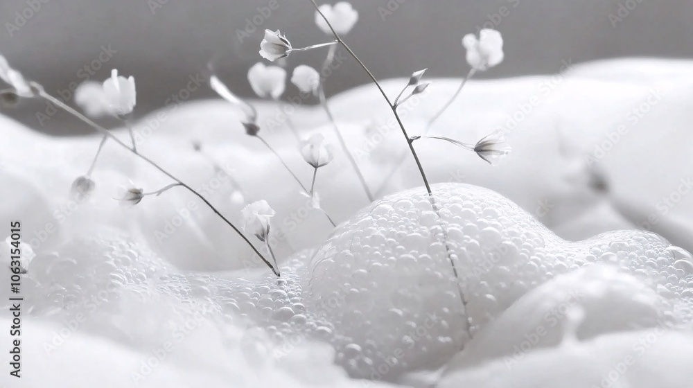 White Flowers in Foam: A Monochrome Macro Study White Flowers in Foam: A Monochrome Macro Study