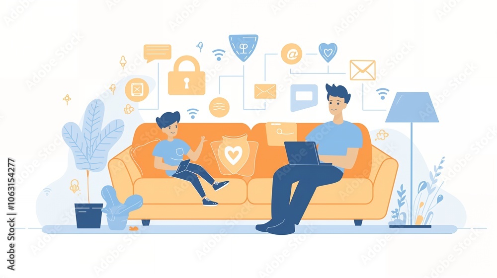 Father and son relax on a couch, with the father working on a laptop and the son using a tablet. Father and son relax on a couch, with the father working on a laptop and the son using a tablet.