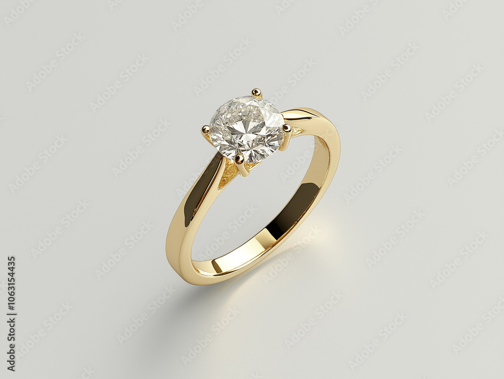A gold ring with a diamond in the center. The ring is set in a gold band and is very shiny A gold ring with a diamond in the center. The ring is set in a gold band and is very shiny