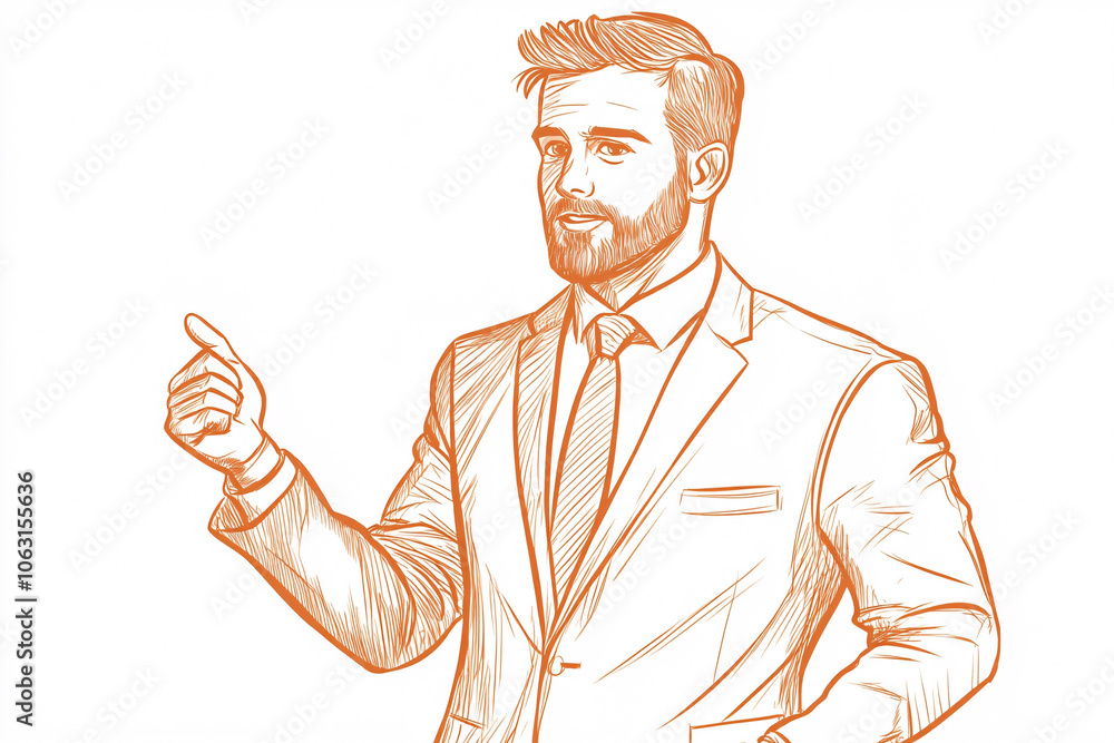 A sketch of a bearded man in a suit giving a presentation gesture pointing to the side drawn in orange tones on a white background
A sketch of a bearded man in a suit giving a presentation gesture pointing to the side drawn in orange tones on a white background