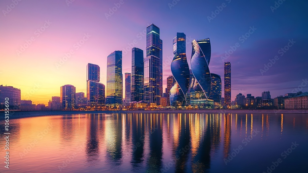 Obraz premium The Moscow skyline at sunset, with the Moskva River reflecting the city lights.