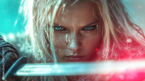 A determined female warrior with piercing eyes grips her sword with resolve, embodying strength and determination in an intense and dynamic setting. photo