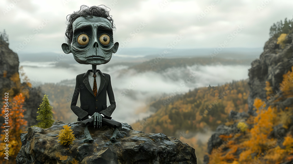 3D Rendered Illustration of a Skeletal Figure in a Suit Sitting on a Cliffside, Gazing at a Misty Valley with Autumnal Foliage 3D Rendered Illustration of a Skeletal Figure in a Suit Sitting on a Cliffside, Gazing at a Misty Valley with Autumnal Foliage
