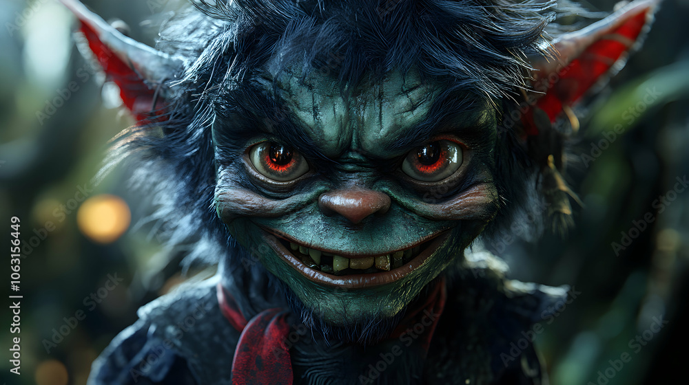 A Close-Up Portrait of a Furry, Green-Skinned Creature with Large, Red Eyes and a Mischievous Grin, Rendered in 3D A Close-Up Portrait of a Furry, Green-Skinned Creature with Large, Red Eyes and a Mischievous Grin, Rendered in 3D
