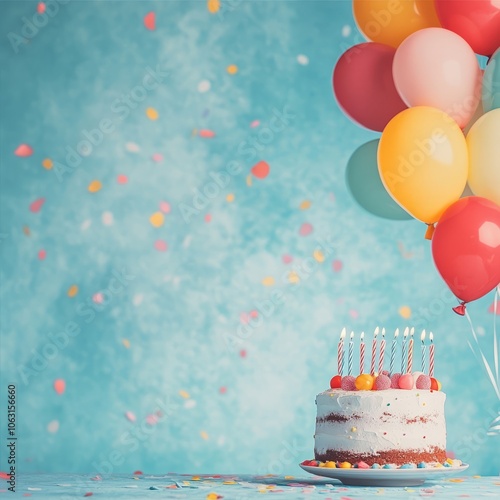 A festive birthday scene featuring a cake, balloons, and confetti.