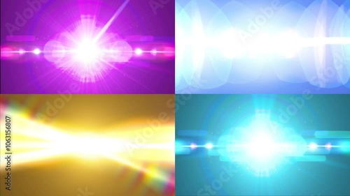 Set of optical lens flares shine burst animation on black abstract background
