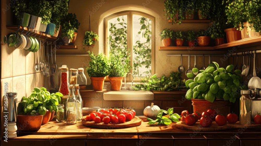 Italian kitchen filled with fresh ingredients like tomatoes, basil, garlic, and olive oil, creating an inviting cooking scene Italian kitchen filled with fresh ingredients like tomatoes, basil, garlic, and olive oil, creating an inviting cooking scene