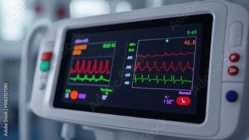 Close-up of a heart rate monitor showing real-time readings on a screen, cardiac monitoring, heart health