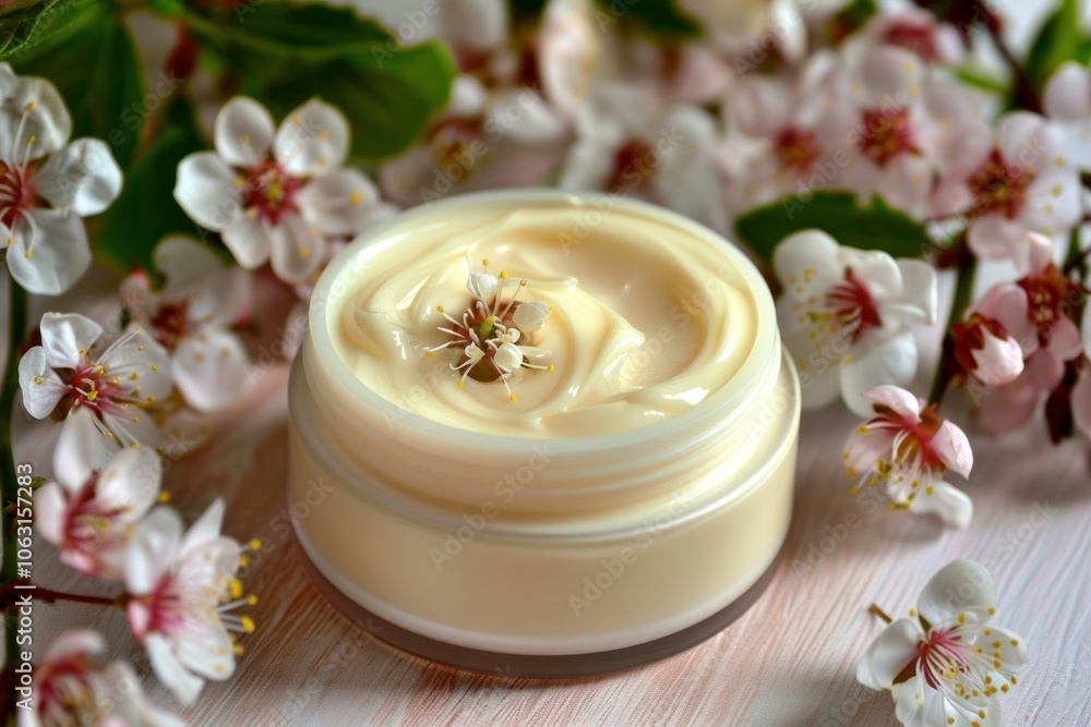 Natural cosmetics concept with a jar of cream surrounded by spring flowers on a wooden table Natural cosmetics concept with a jar of cream surrounded by spring flowers on a wooden table