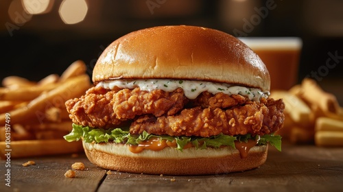 A Popeyes sandwich with extra sauce spilling from the sides, photo