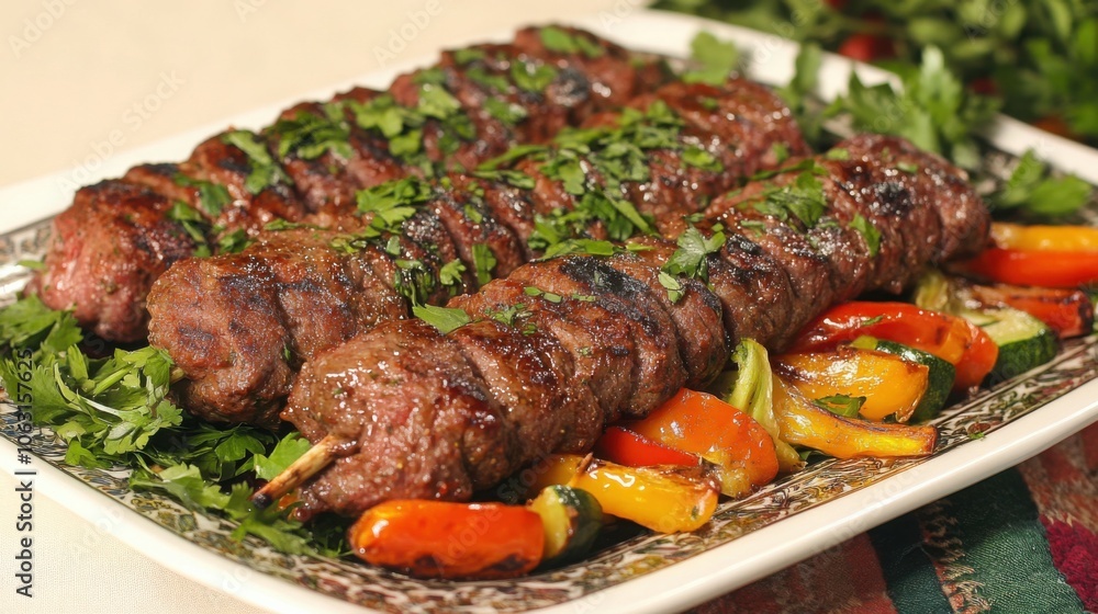 Plate of Uzbek kebabs with lamb and vegetables, beautifully garnished with fresh herbs Plate of Uzbek kebabs with lamb and vegetables, beautifully garnished with fresh herbs