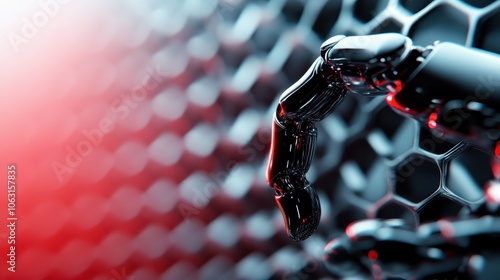 A robotic hand with dark matte finish and red accents interacts with a metallic hexagonal background, reflecting futuristic design and technological prowess. photo