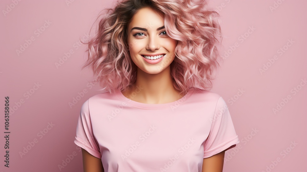 A young woman with pink curly hair and a pink t-shirt smiles at the camera. A young woman with pink curly hair and a pink t-shirt smiles at the camera.