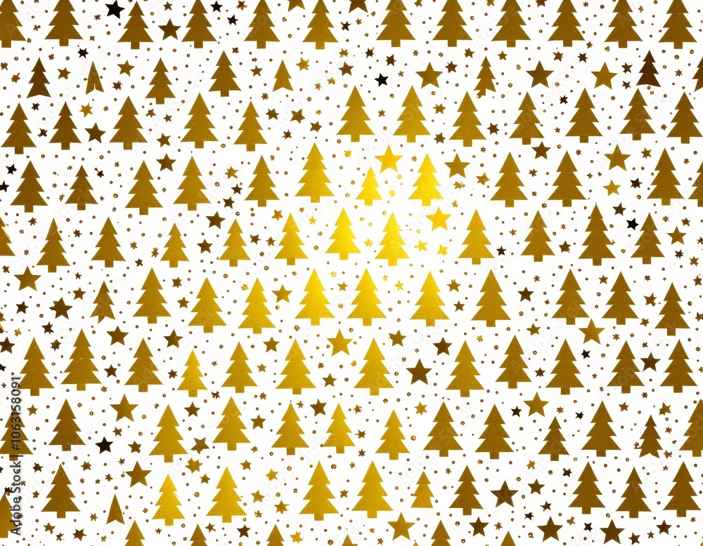 Gold tree and star pattern on a white background for festive holiday designs Gold tree and star pattern on a white background for festive holiday designs