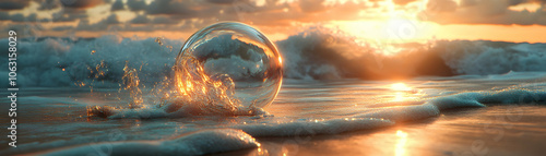 A Crystal Sphere Resting on a Sandy Beach with Foamy Waves and a Golden Sunset in the Background