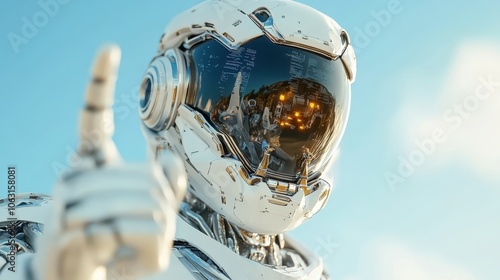 A sleek white robot with a shiny reflective visor poses against a bright background, highlighting cutting-edge design and humanoid features of modern AI entities.